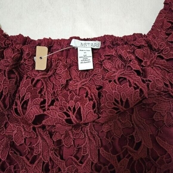 Astars Top Womens XS Burgundy Lace Lined Off Shoulder Floral Stretch Coquette - Picture 3 of 10